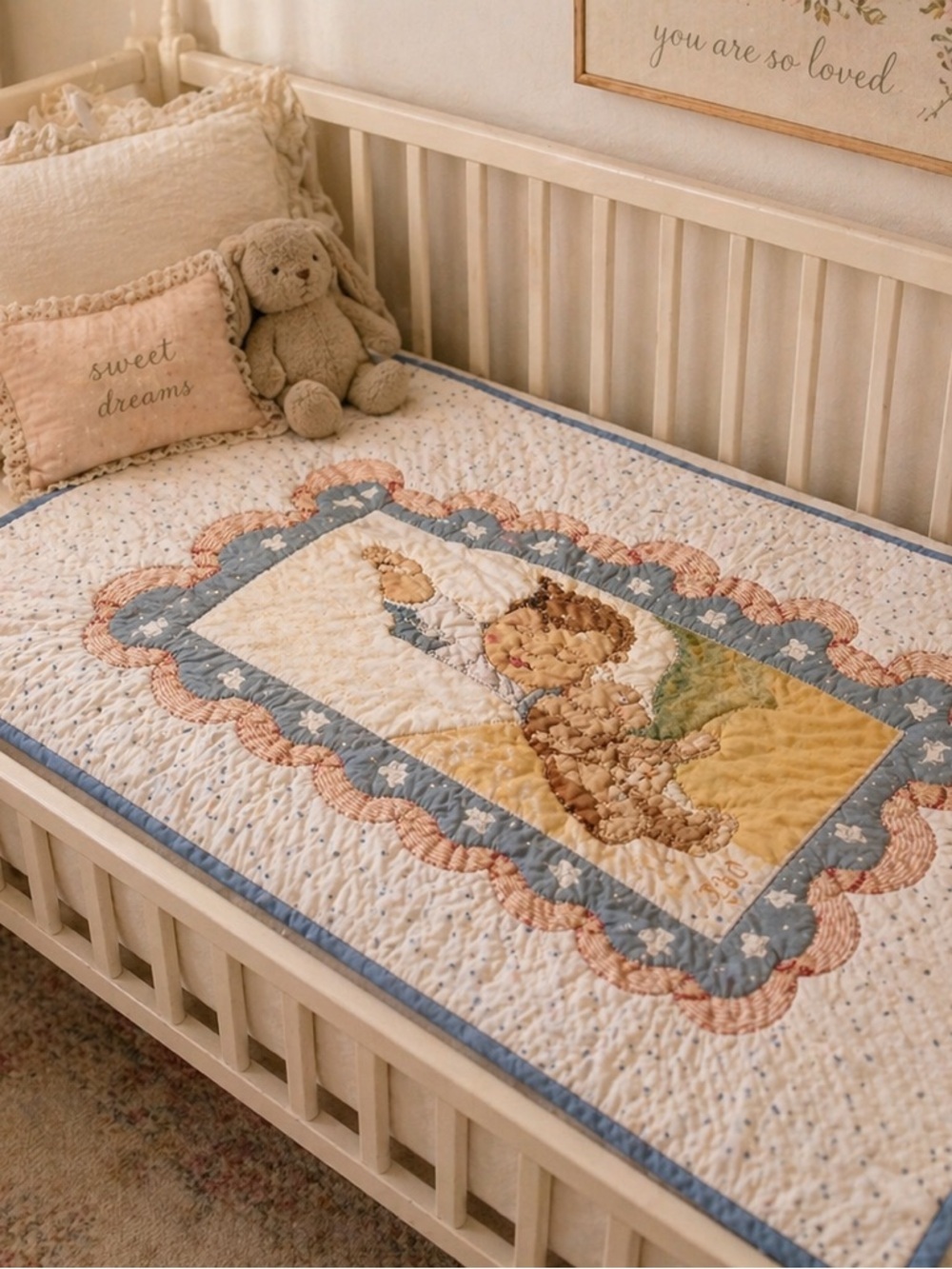 Vintage Handmade Baby Quilt Printed Panel Hand Quilted 42x32 Nursery
